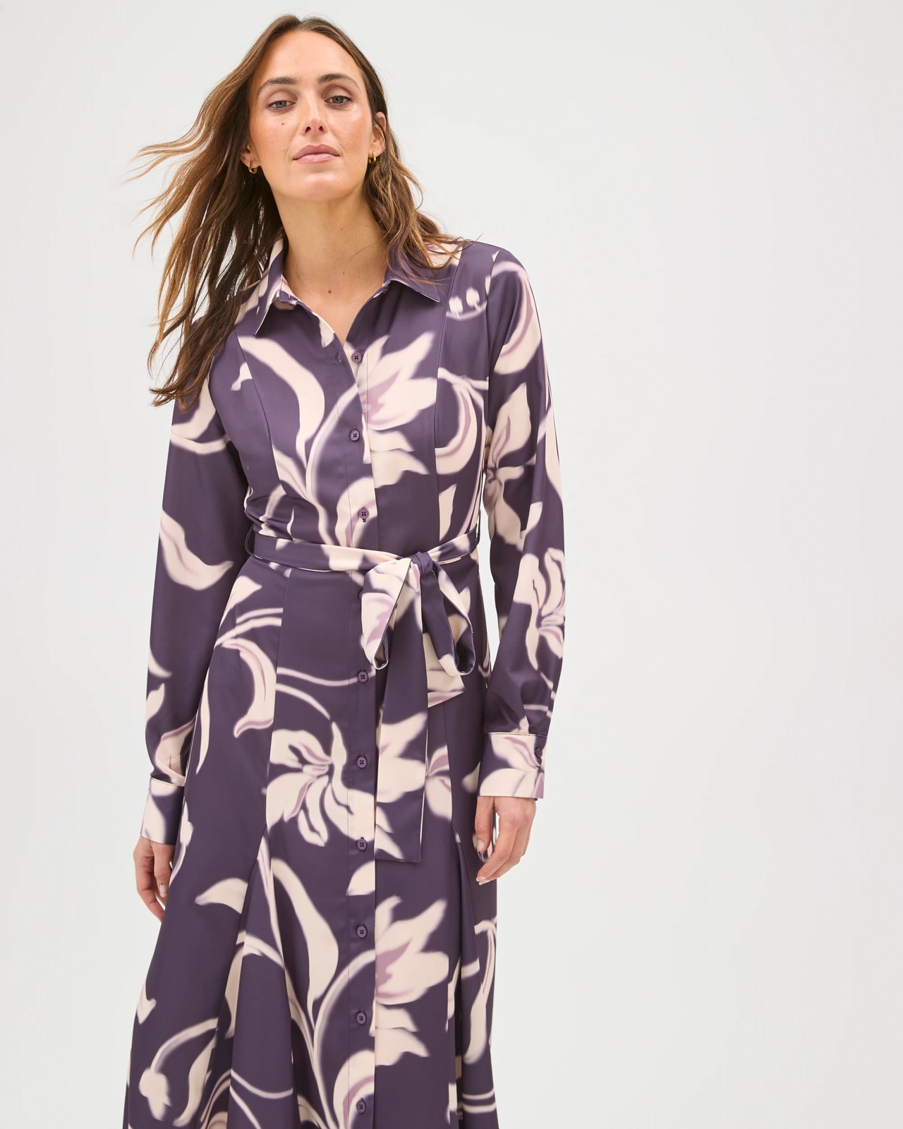 Preview Long Sleeve Godet Detail Midi Shirt Dress - Plum Blur 4 of 5