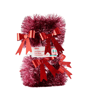 Anko 6m Pink with Red Bow Christmas Tinsel