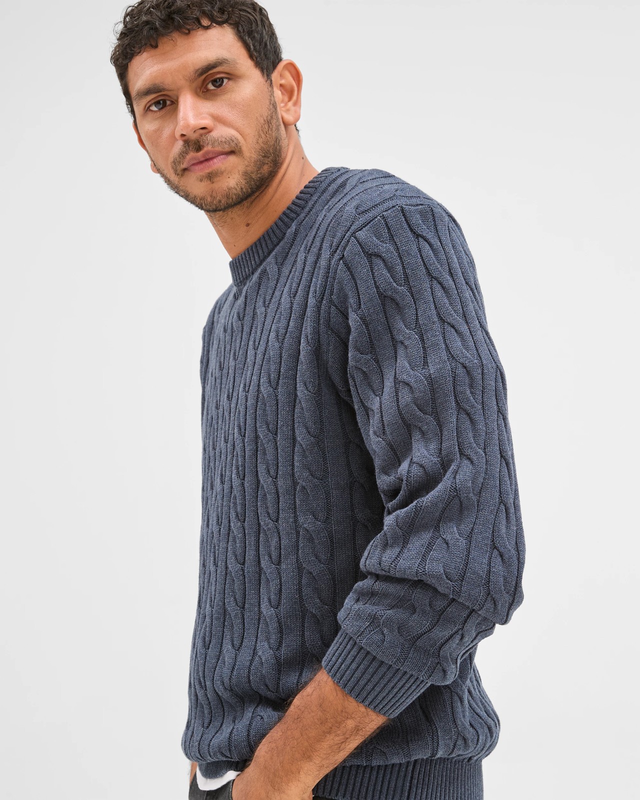 Australian Cotton Midweight Cable Knit Sweater - Navy Marle 3 of 6