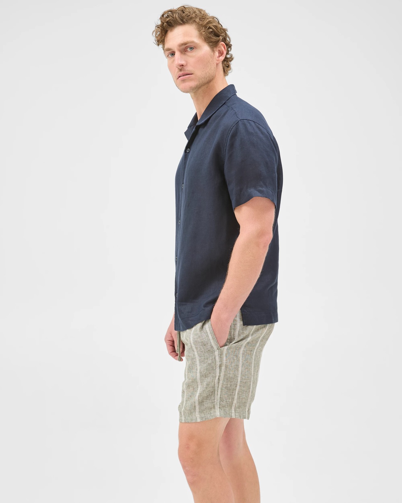 European Linen Elastic Waist Striped Shorts - Forest Fog 3 of 6