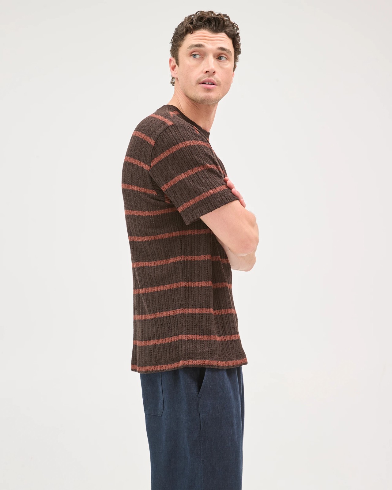 Australian Cotton Blend Pointelle Stripe T-Shirt - Chocolate 2 of 6