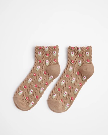 Quarter Crew Cable Knit Floral Frill Socks - AC-Lab