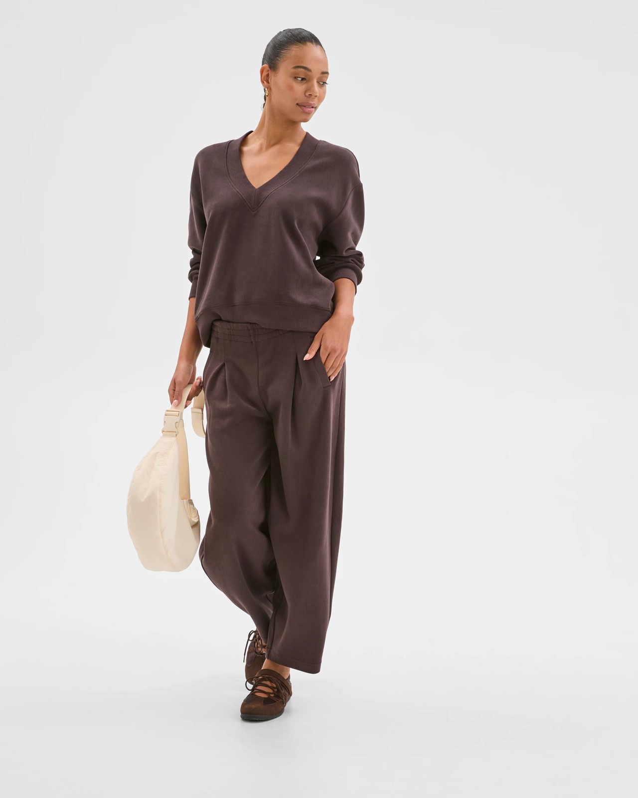 Active Australian Cotton Blend Sueded Rib Barrel Leg Pants - Cocoa 2 of 5