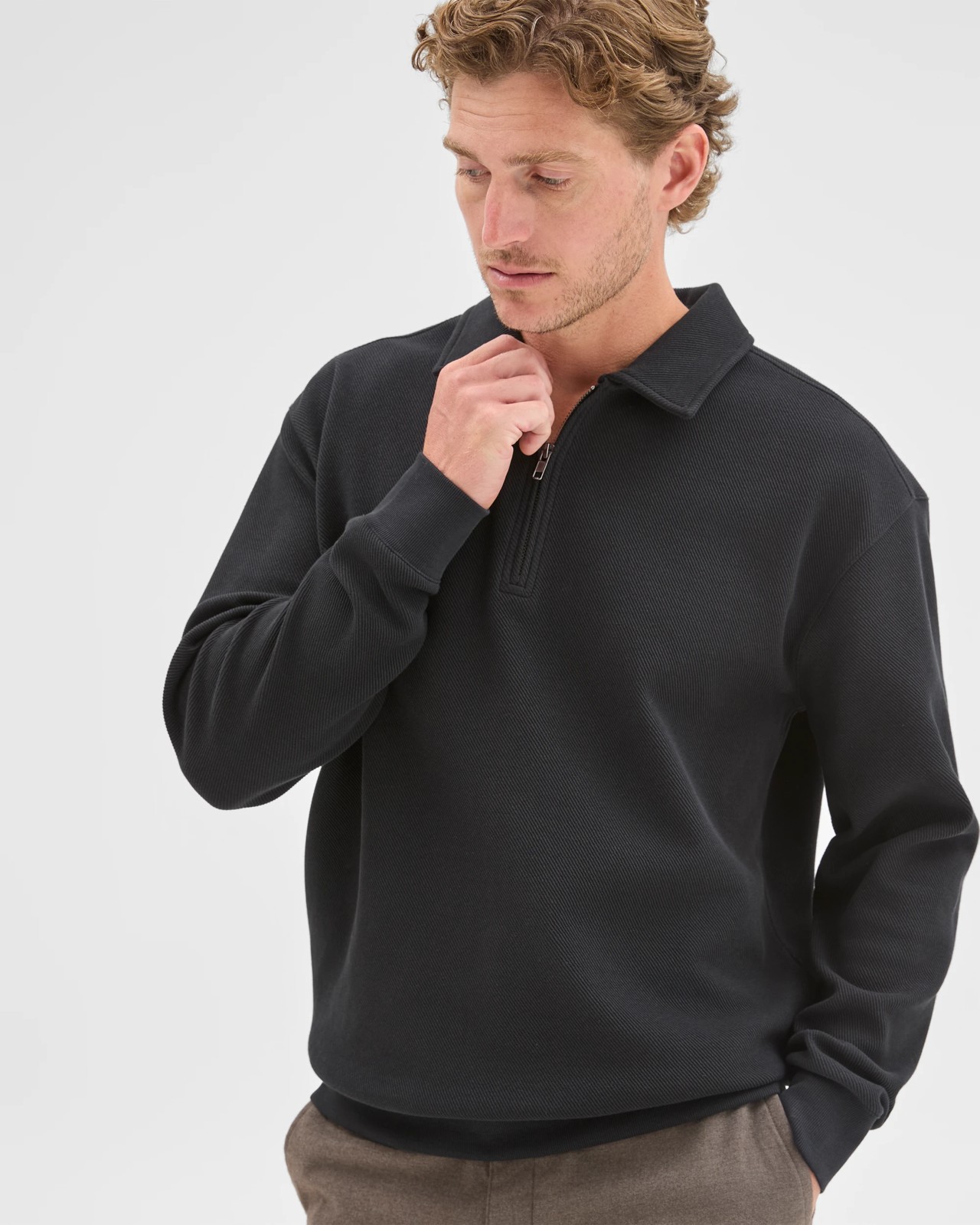 Australian Cotton Blend Fleece 1/4 Zip Collared Top - Black 2 of 5