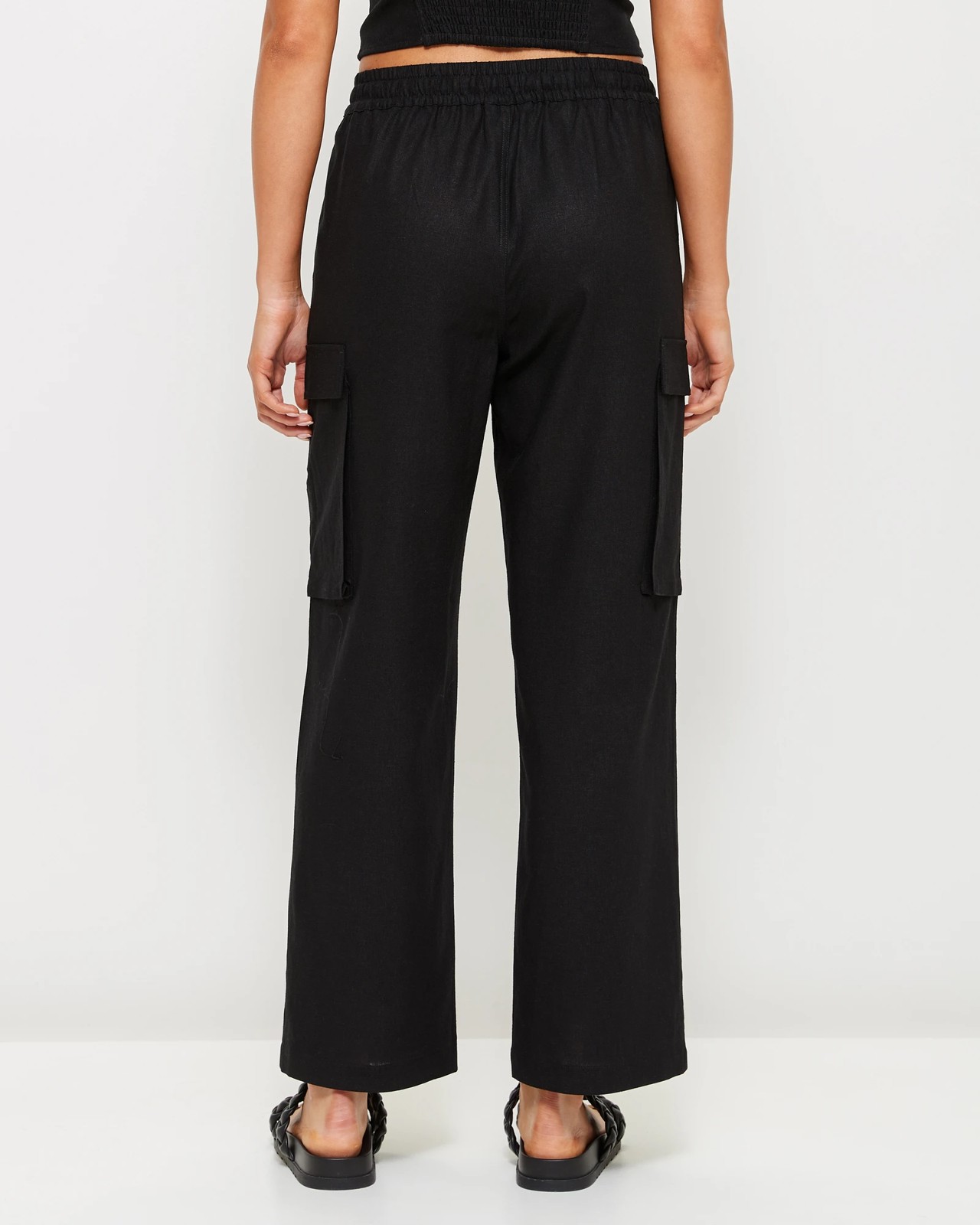 Black Linen Blend Cargo Trousers