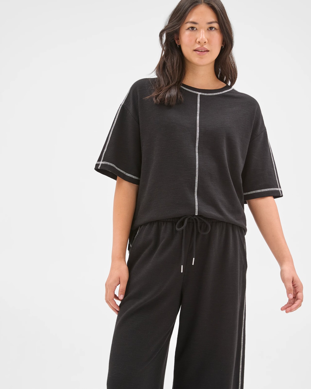 Textured Pants with Contrast Seams - Black 5 of 5
