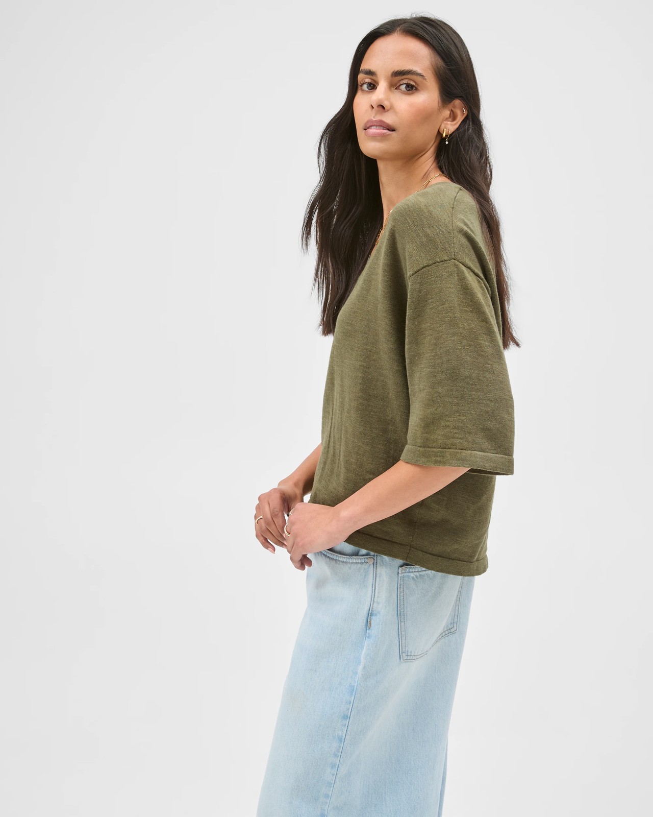 Australian Cotton Blend Boxy V-Neck Knitted T-Shirt - Deep Moss 2 of 6