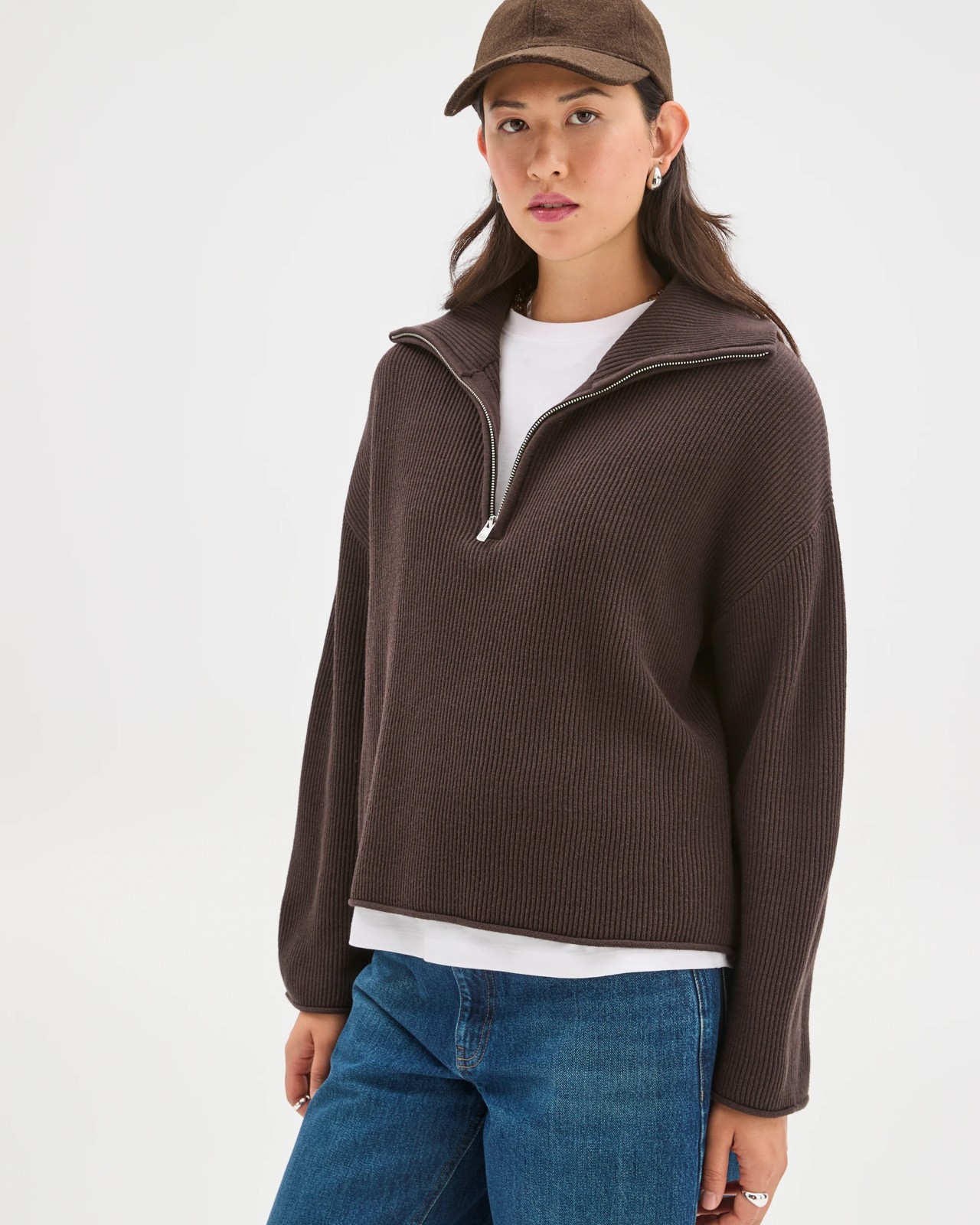 Australian Cotton Blend Zip Collar Sweater - Brunette 5 of 5