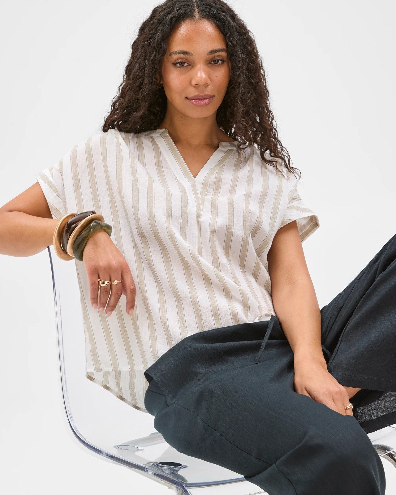 Cotton Collared Popover Blouse - White Dusty Moss 4 of 6