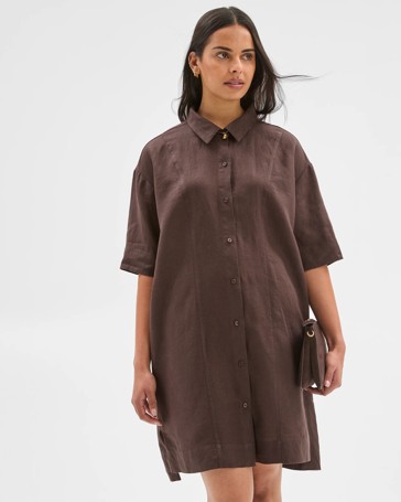 European Linen Short Sleeve Shirt Mini Dress