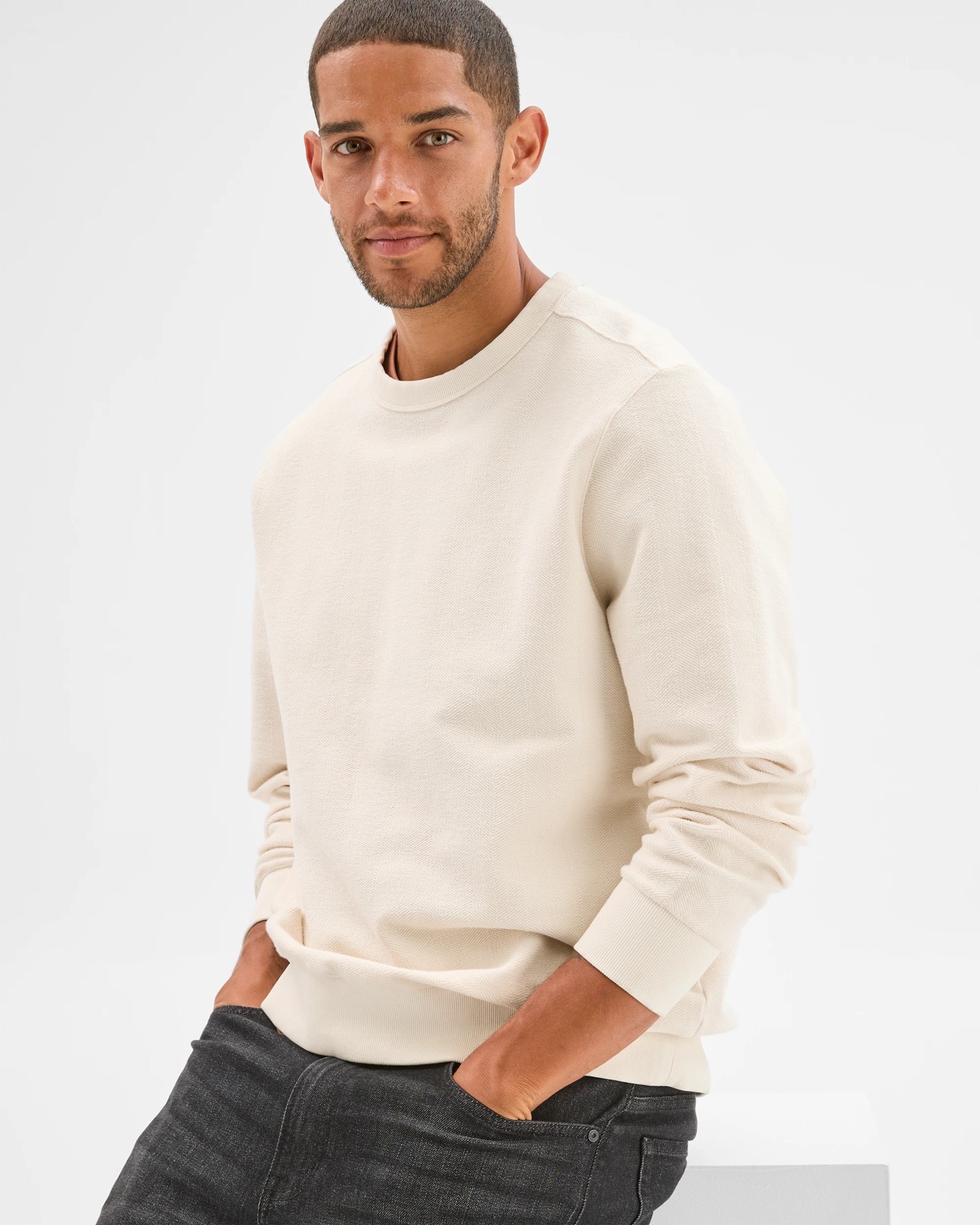Australian Cotton Herringbone Long Sleeve Crew Neck Fleece Top 2 of 5