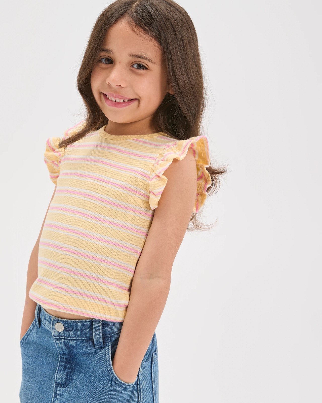 Australian Cotton Ruffle Sleeve Rib Tank Top - Yellow Stripe 2 of 6