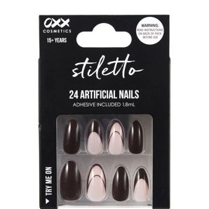 OXX Cosmetics 24 Pack Artificial Nails with Adhesive, Pointed Stiletto Shape - Brown French Tips product image