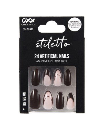 OXX Cosmetics 24 Pack Artificial Nails with Adhesive, Pointed Stiletto Shape - Brown French Tips