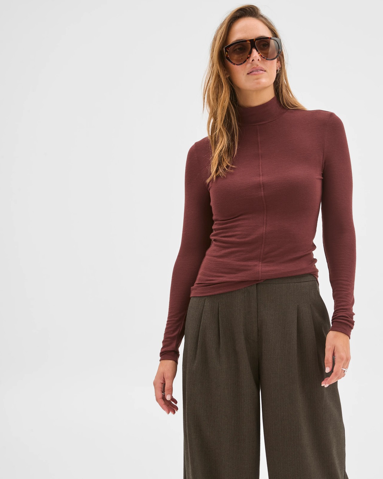 Preview Long Sleeve Luxe Layering Knit Skivvy Top - Dark Chocolate 2 of 6