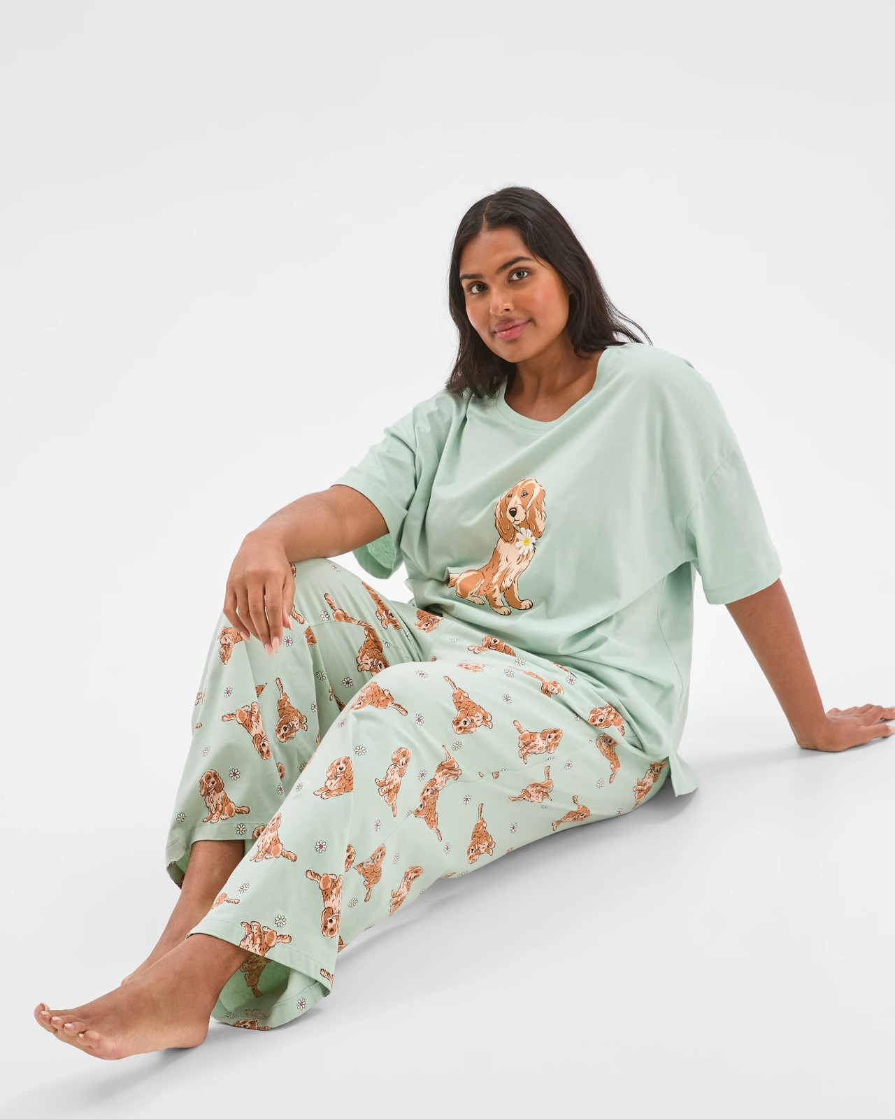 Plus Size Australian Cotton 7/8 Length Jersey Pyjama Set - Dog Green 4 of 6