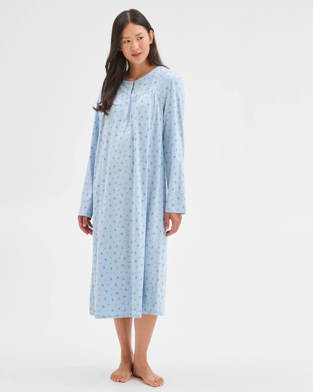 Australian Cotton Long Sleeve Traditional Pintuck Nightie - Blue Bow 4 of 6