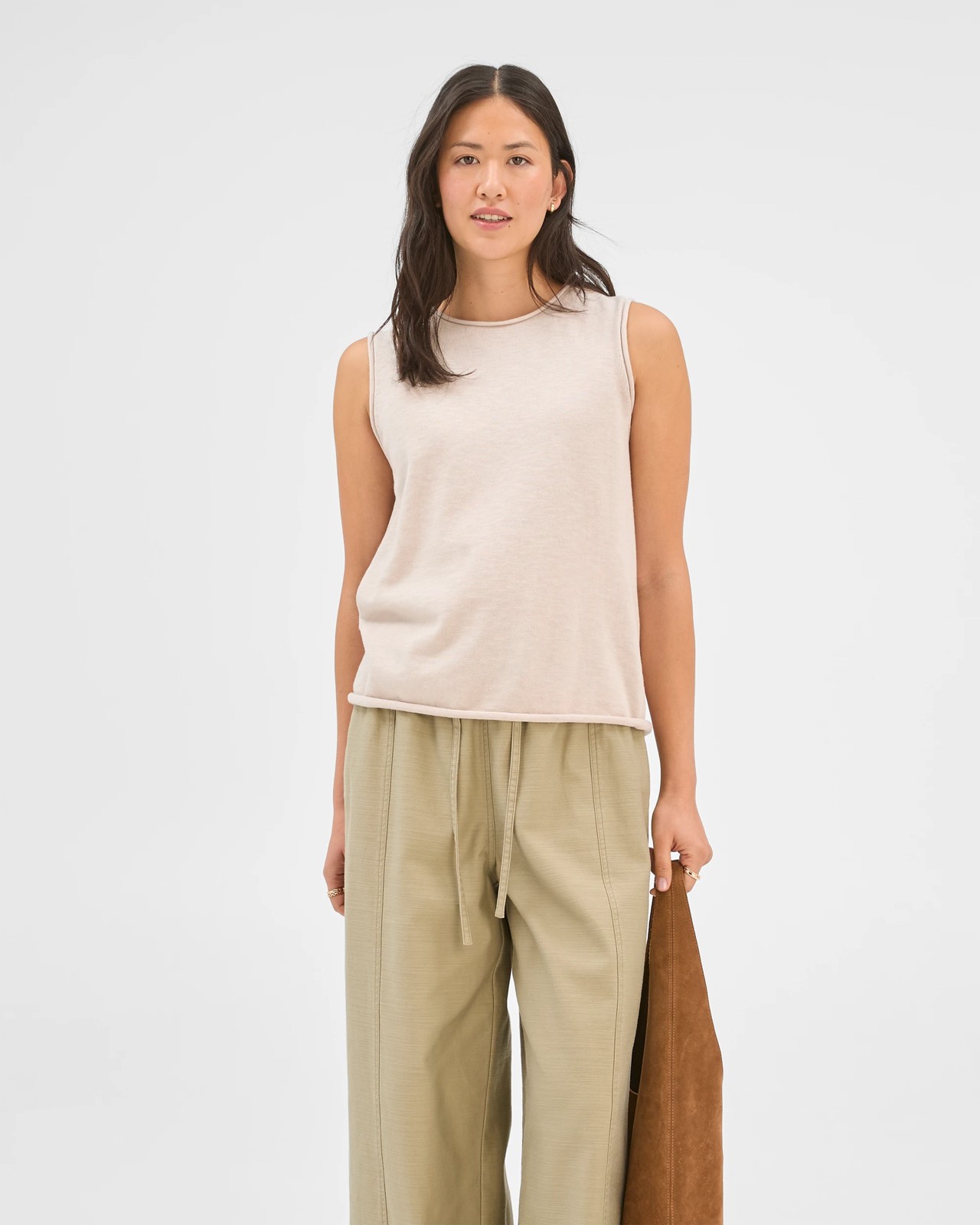 Australian Cotton Blend Rolled Edge Knitted Tank Top - Pumice 5 of 5