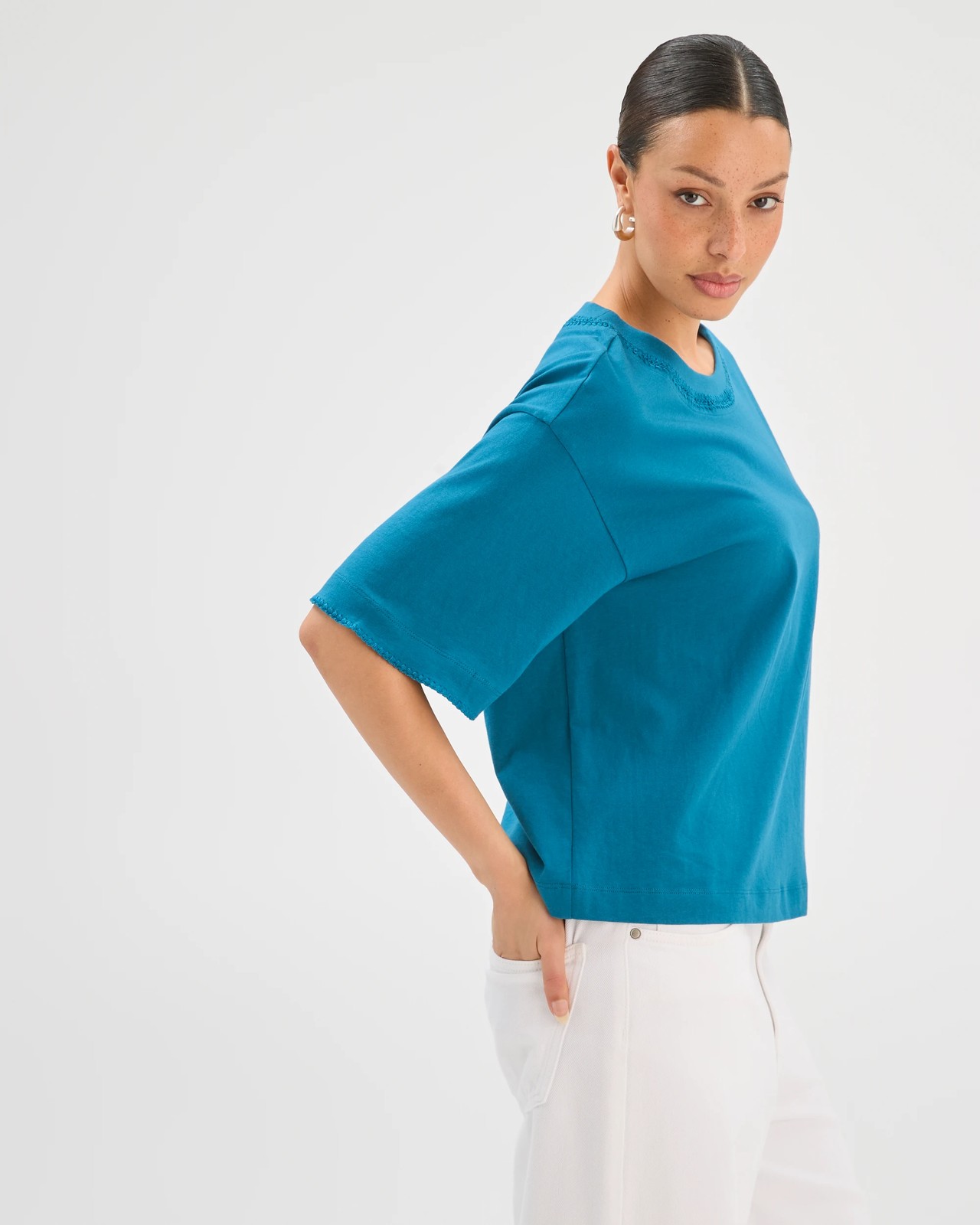 Australian Cotton Boxy Stitch Detail T-Shirt - Ocean Storm 5 of 6