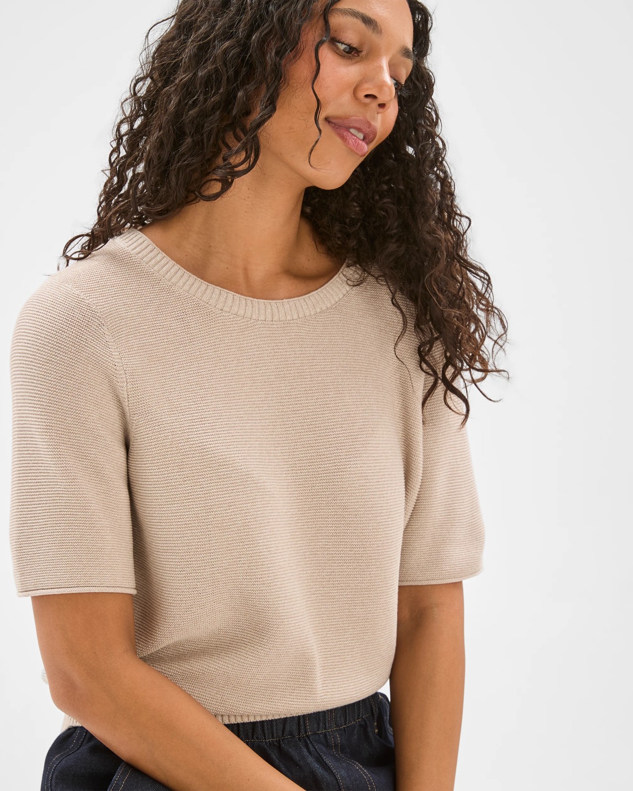 Australian Cotton Blend Relaxed Fit Ottoman Stitch Knitted T-Shirt - Pebble 5 of 6