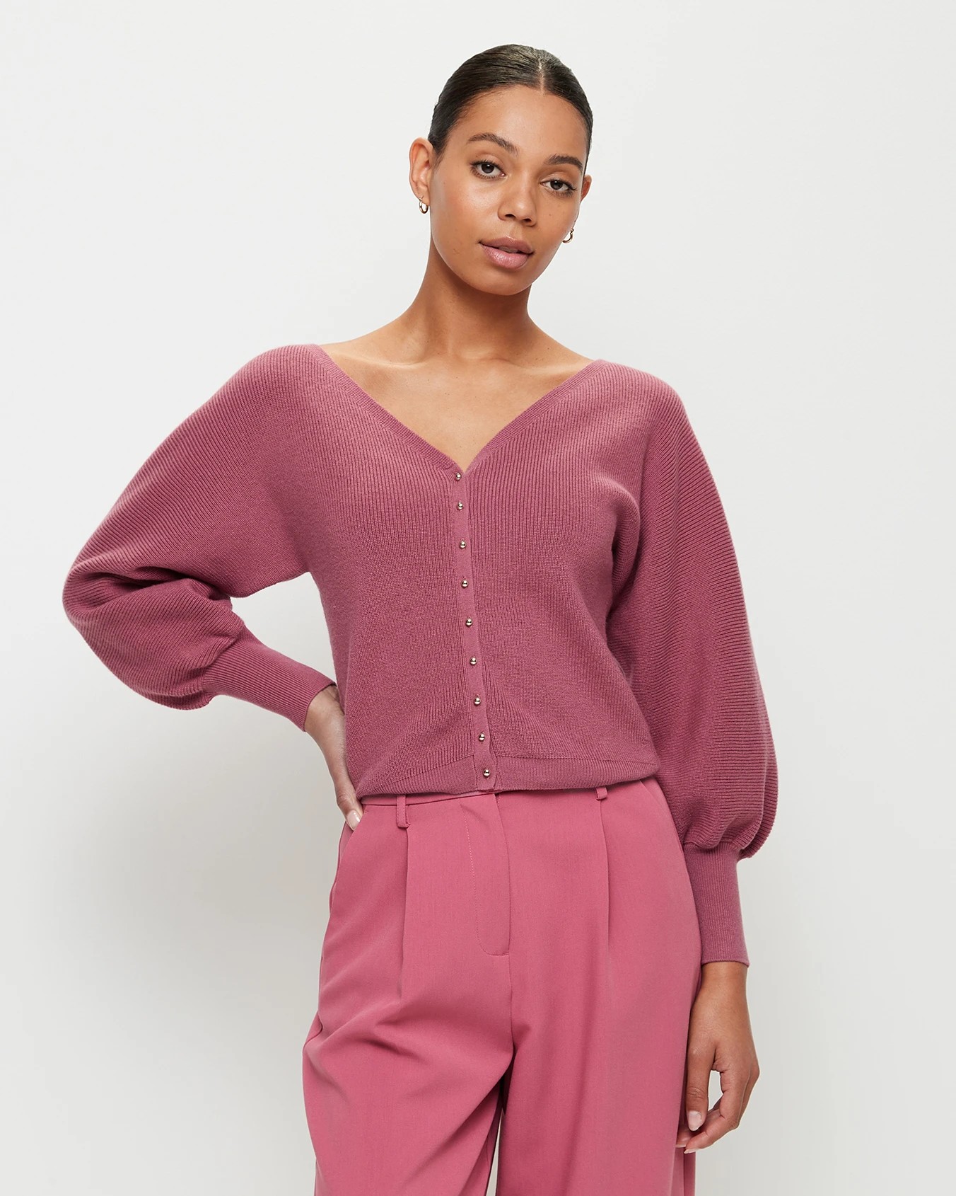 ORGANIC COTTON RIBBED V-NECK CARDIGAN: PINK