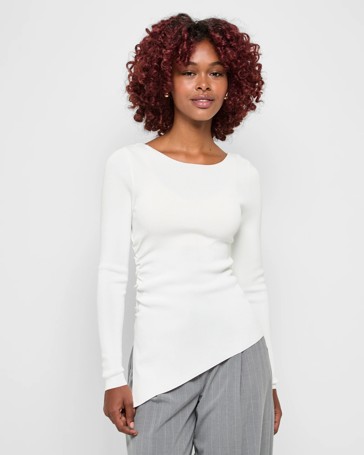 Petites Long Sleeve Asymmetrical Hem Crepe Knit Top