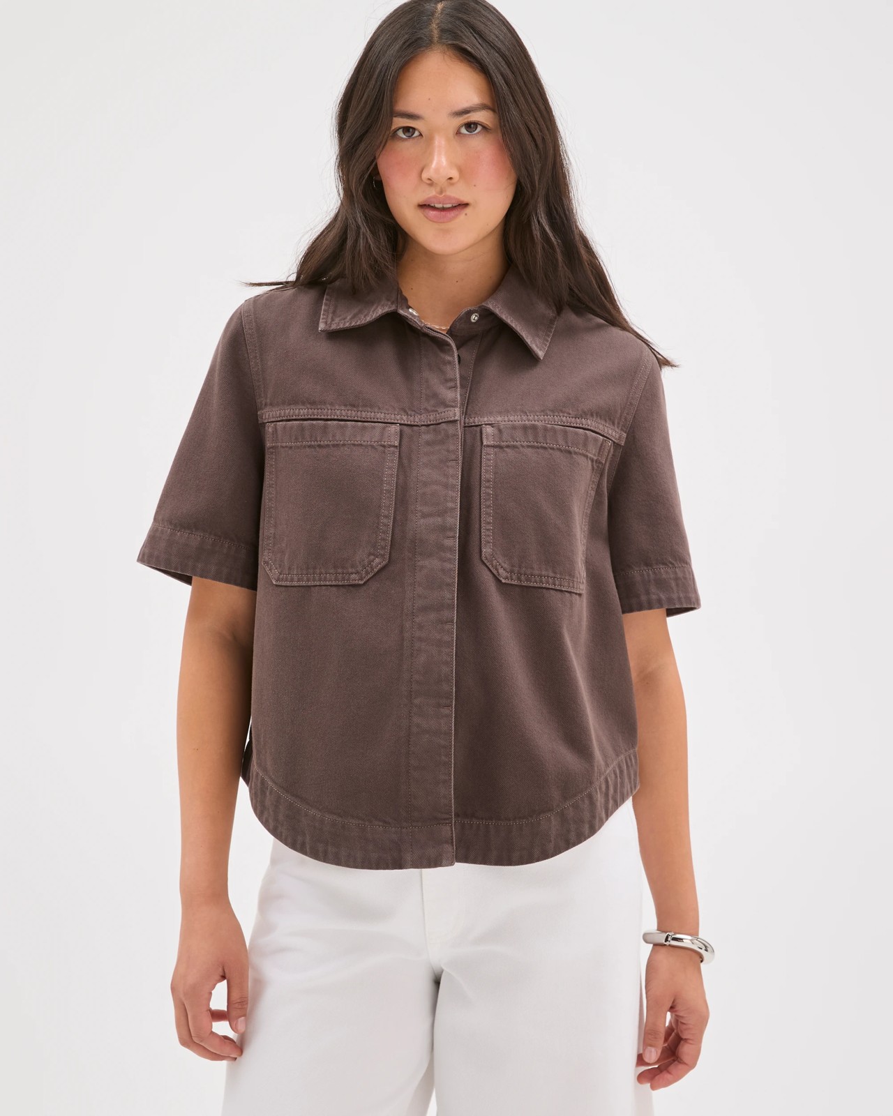 Short Sleeve Concealed Placket Denim Shirt 5 of 6