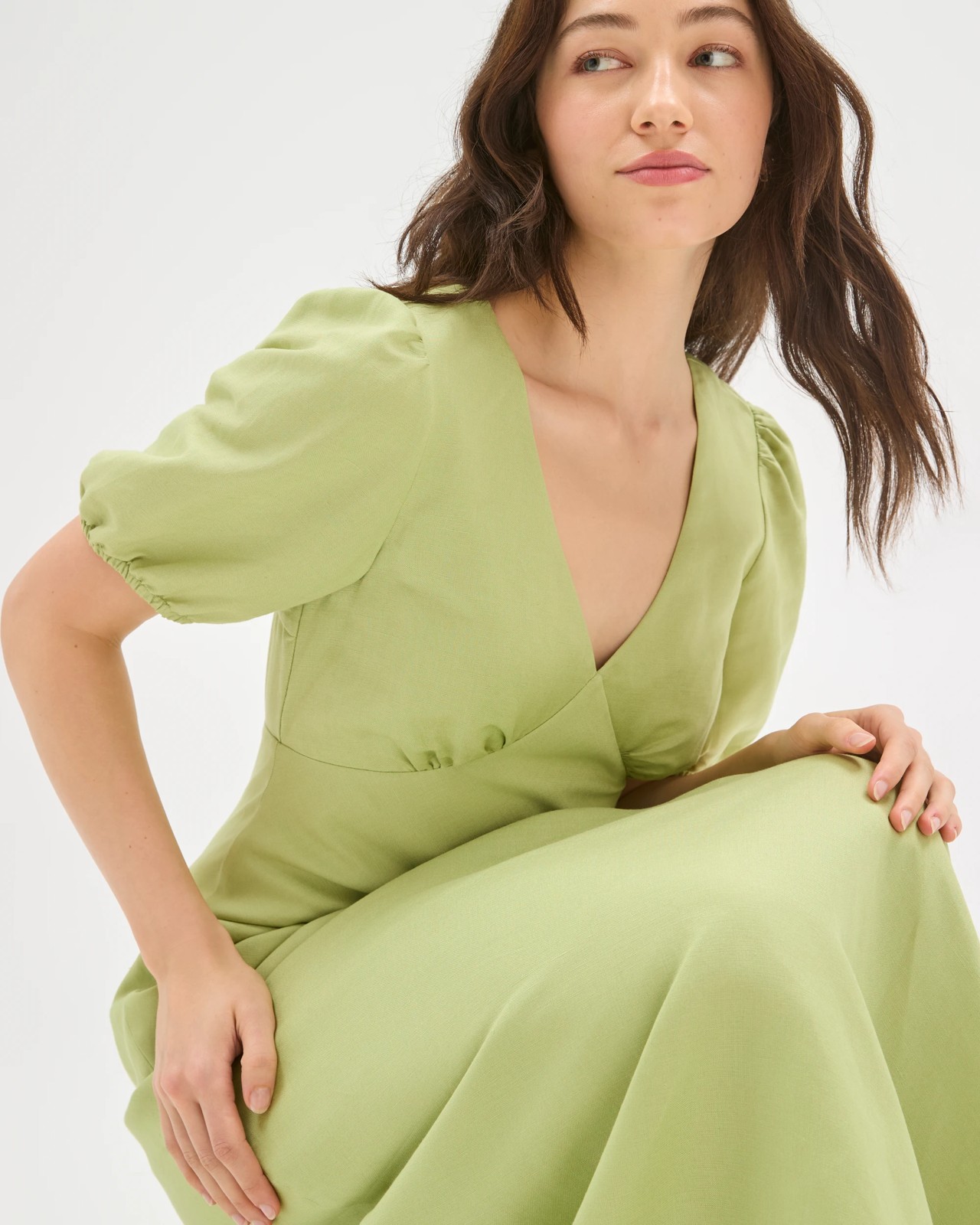 Lily Loves European Linen Blend Puff Sleeve Midi Dress - Matcha Green 4 of 5