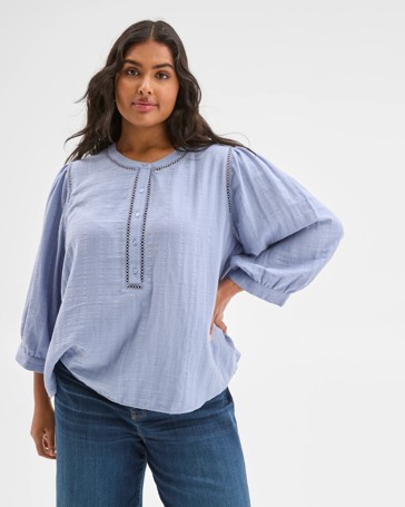 Plus Size 3/4 Sleeve Double Cloth Woven Top