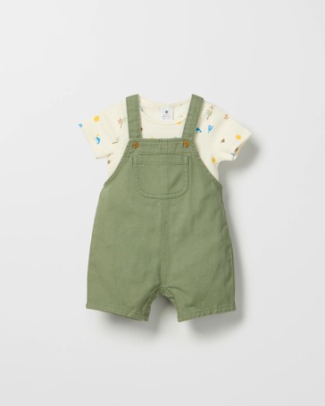 Baby Organic Cotton Twill Shortalls with Bodysuit 2 Piece Set