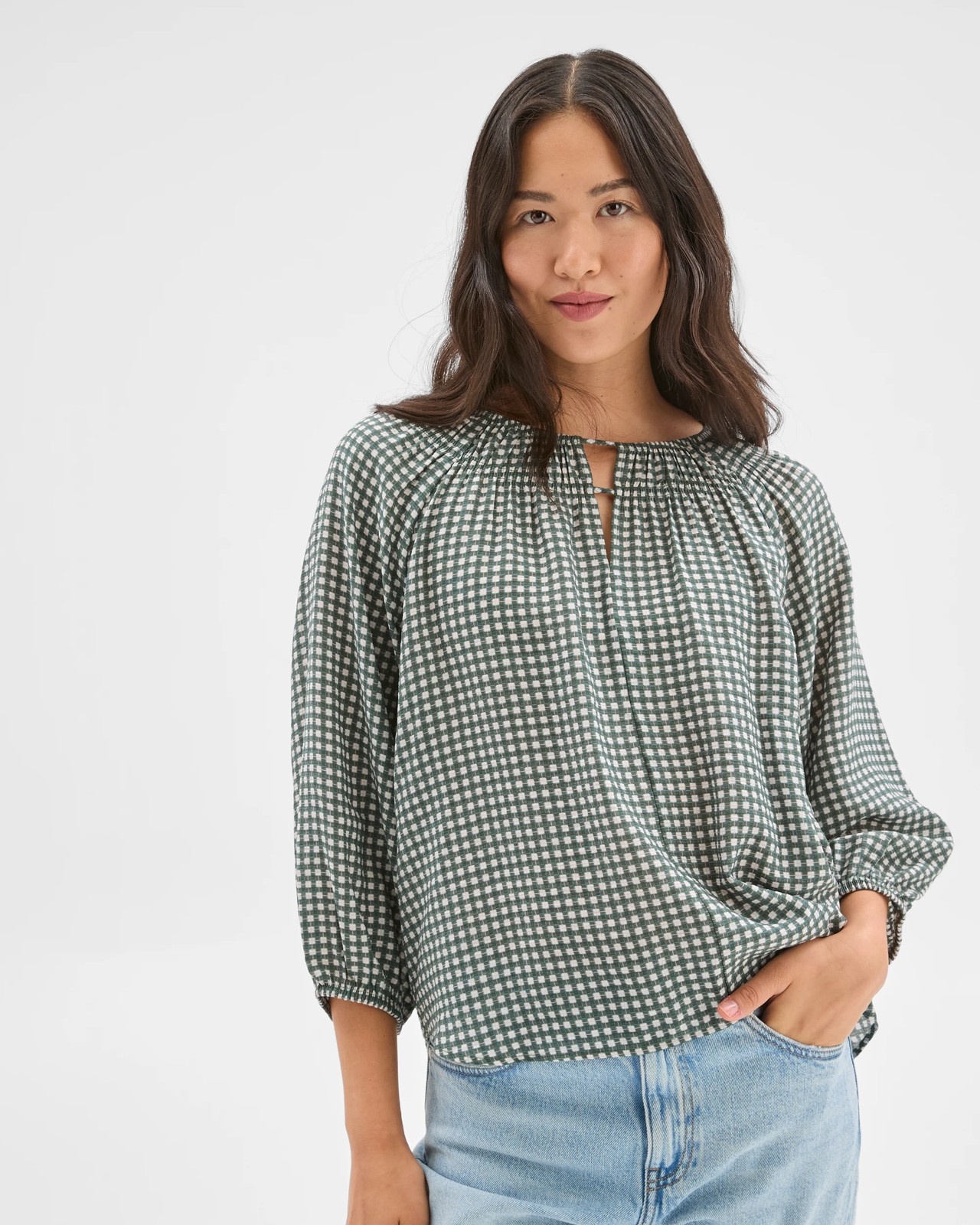 3/4 Sleeve Neck Detail Blouse - Oregano Check 3 of 5