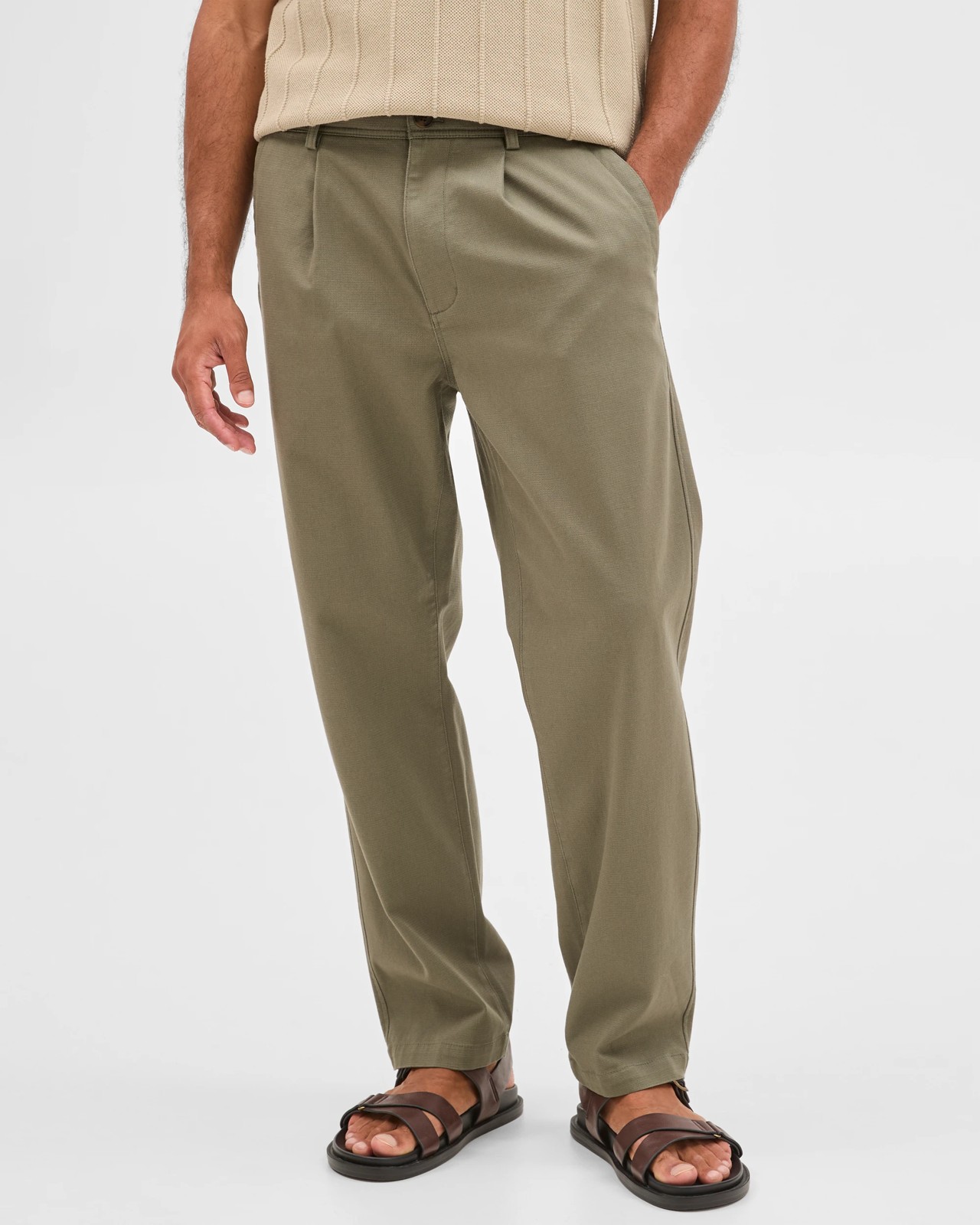 Australian Cotton Pleated Textured Chino Pants - Army 2 of 5