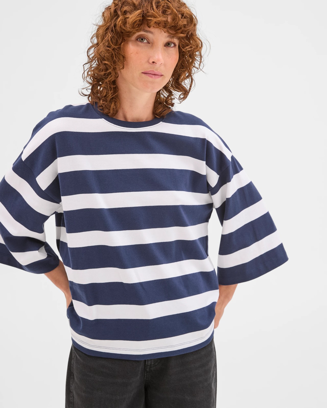Australian Cotton 3/4 Length Wide Sleeve Boxy T-Shirt -  Navy + White 4 of 5
