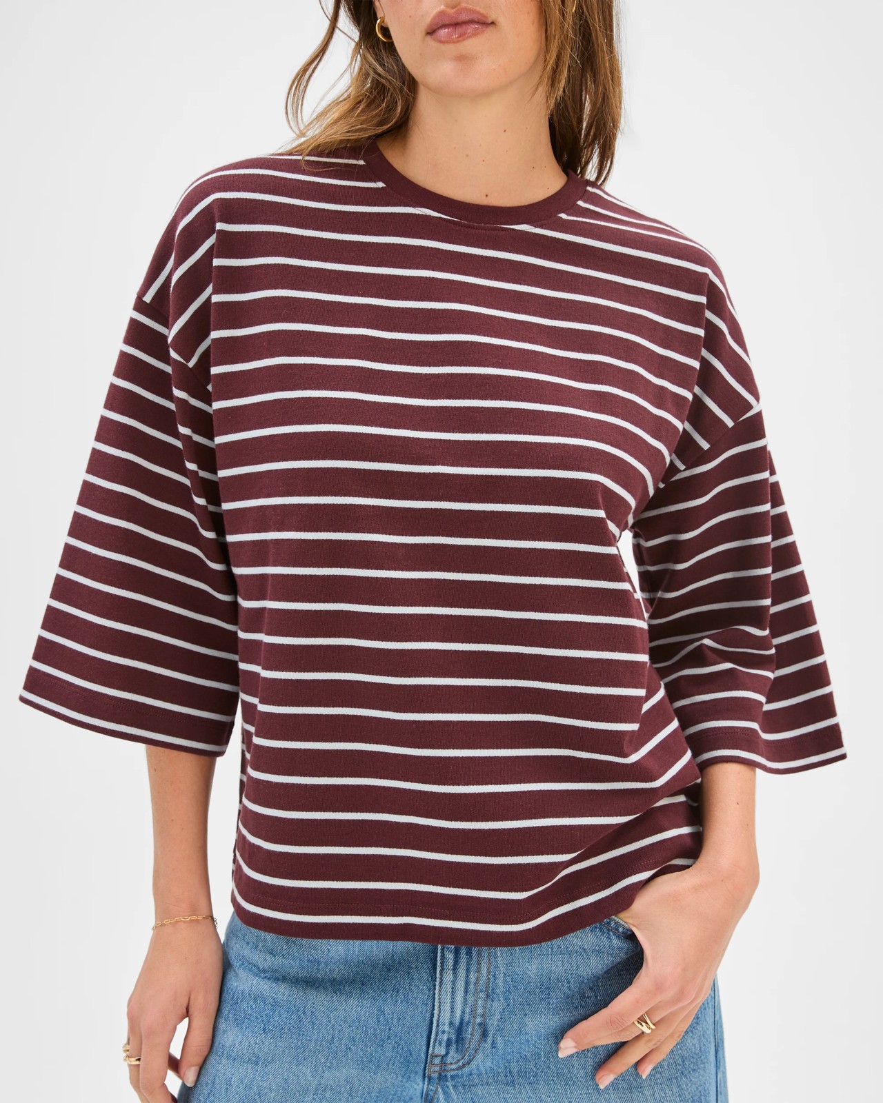 Australian Cotton 3/4 Length Wide Sleeve Boxy T-Shirt - Burgundy/Blue 3 of 5