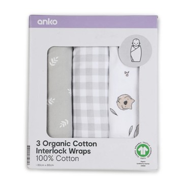 3 Pack Organic Cotton Interlock Wraps, Australiana - Anko