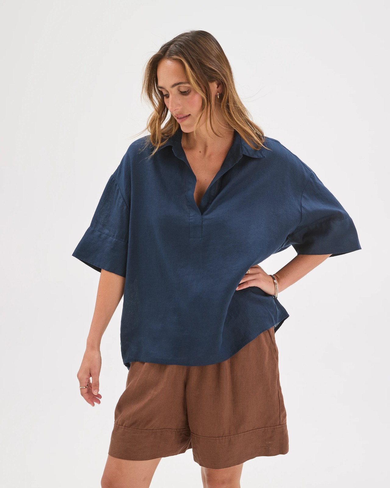 European Linen Elbow Sleeve Cocoon Popover Shirt - Navy 4 of 6