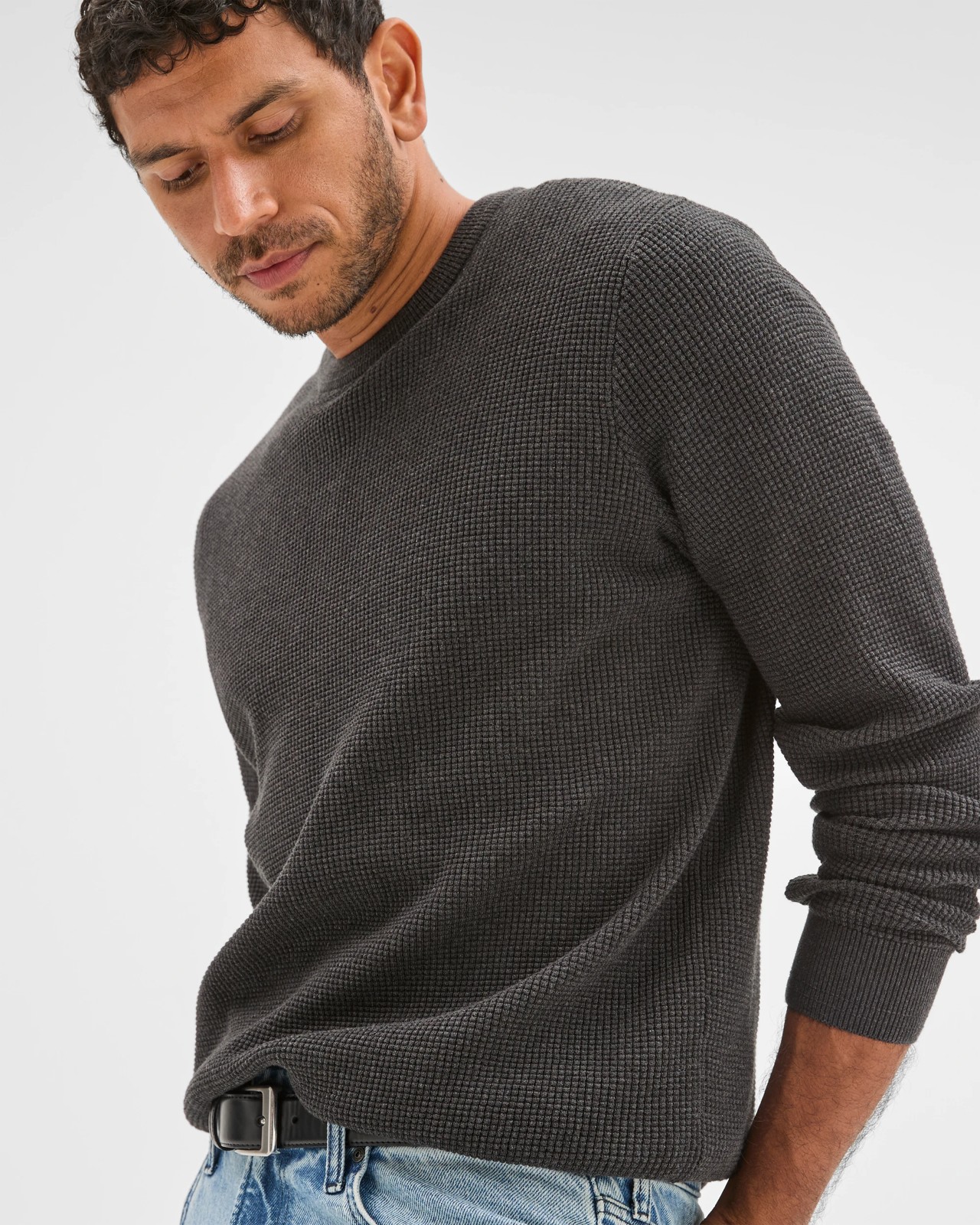 Australian Cotton Lightweight Waffle Knit Crew Neck Jumper - Black Marle 2 of 6