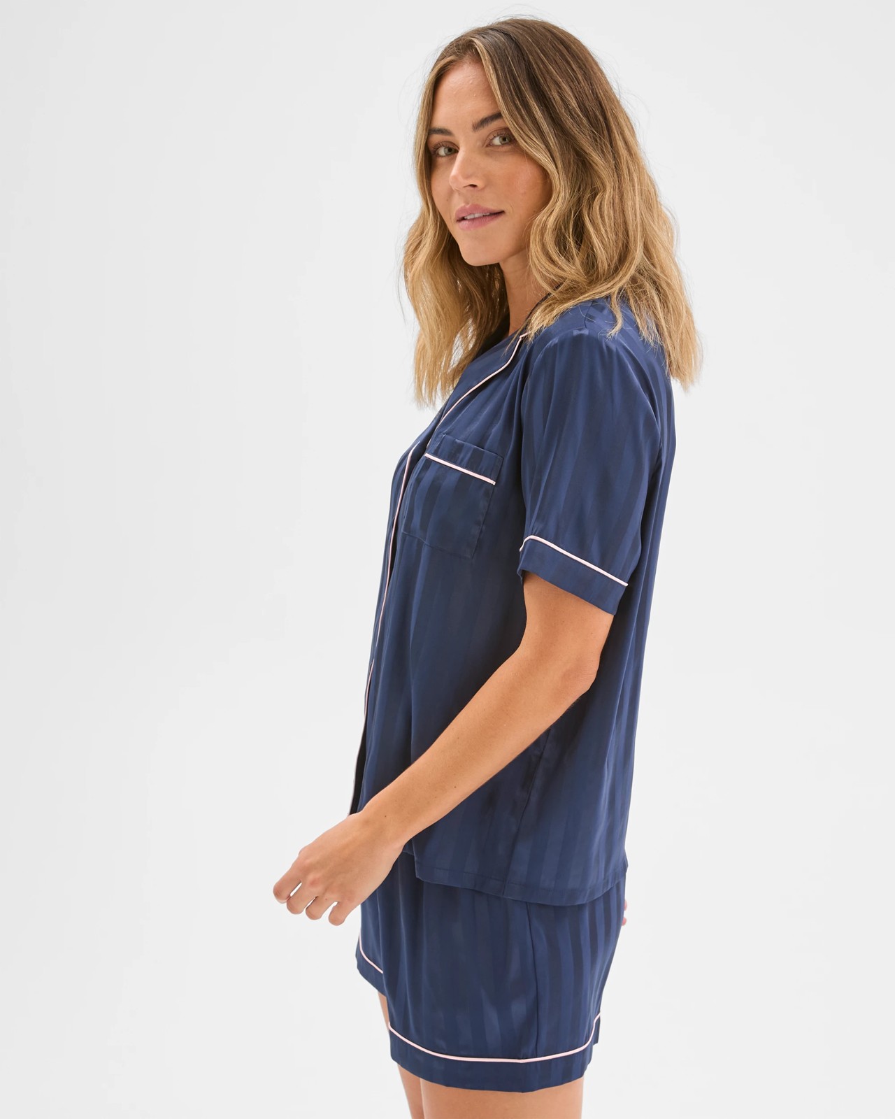 Stripe Satin Short Pyjama Set - Navy 4 of 5