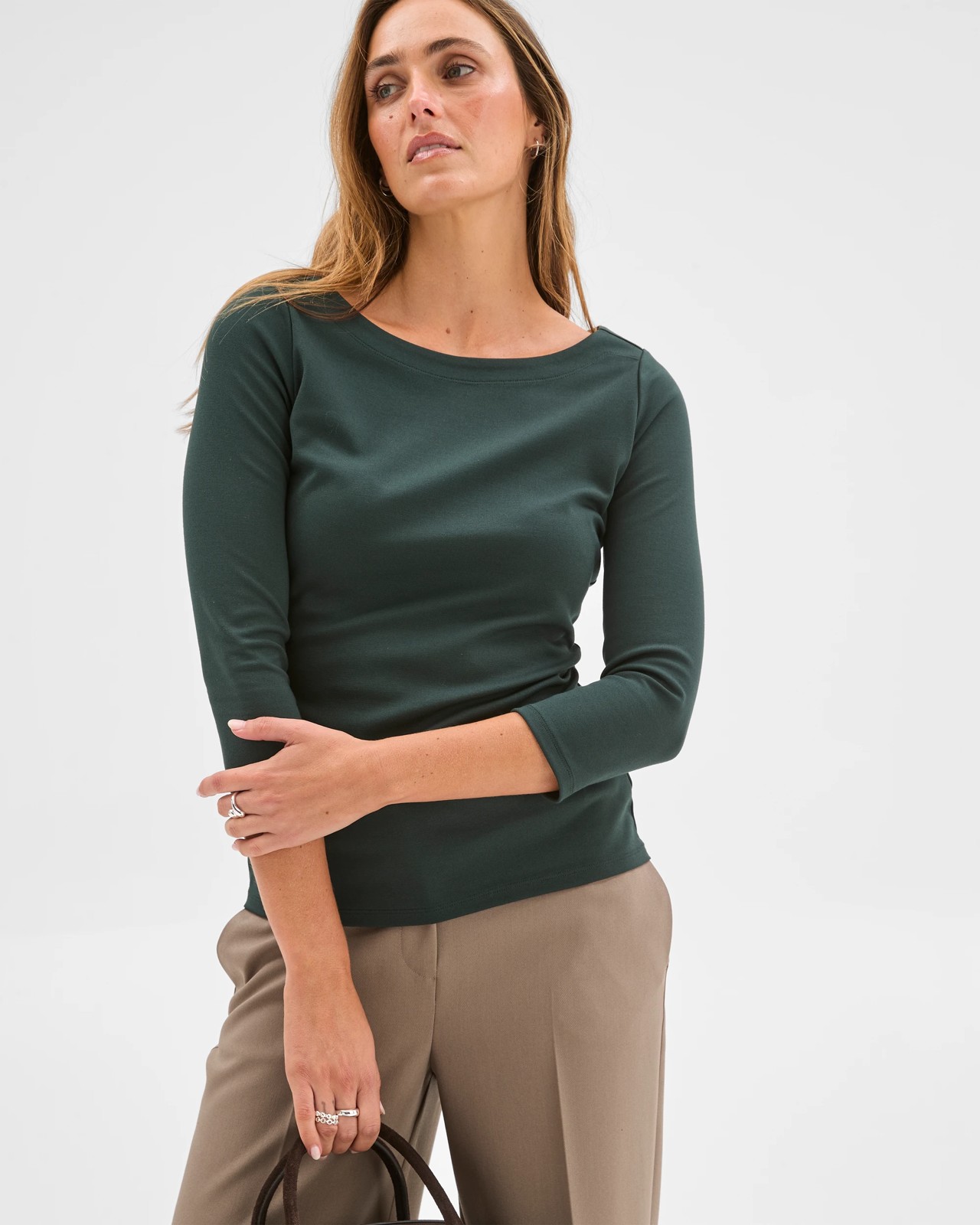Preview 3/4 Sleeve Boat Neck Ponte T-Shirt - Mid Jade 3 of 6