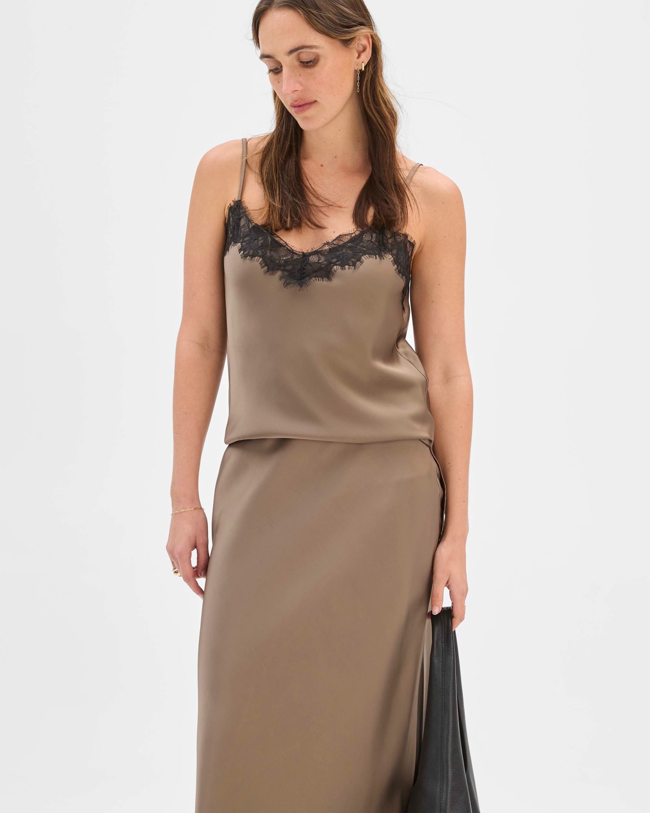Preview Lace Trim Satin Midi Skirt 3 of 5