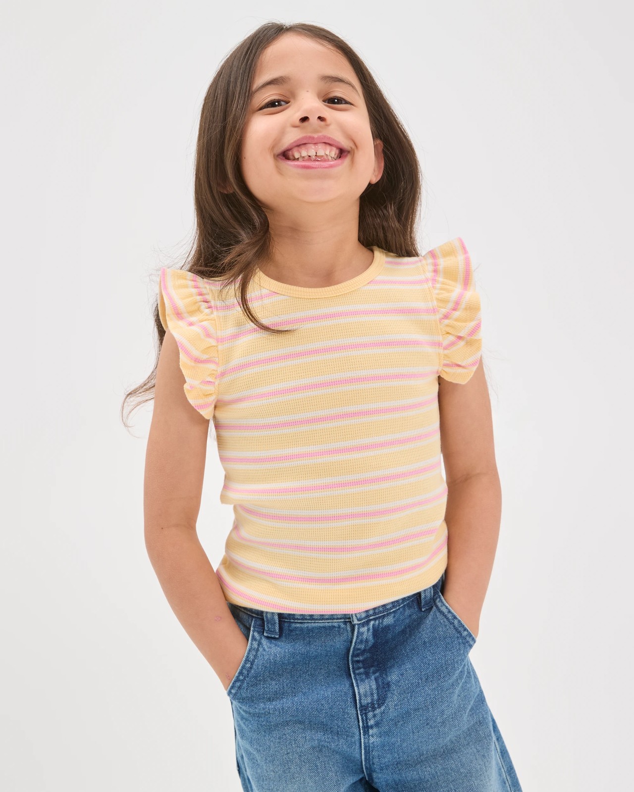 Australian Cotton Ruffle Sleeve Rib Tank Top - Yellow Stripe 3 of 6
