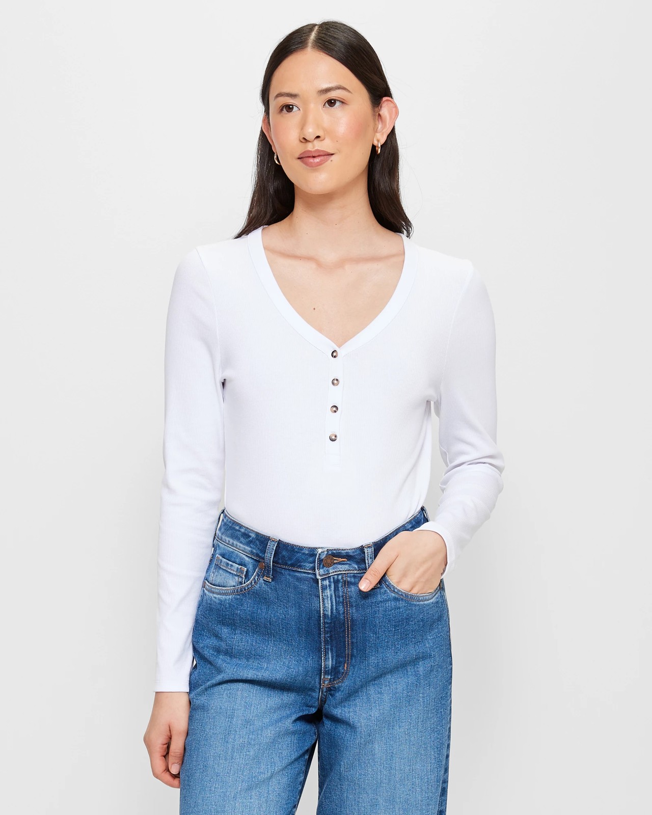White Ribbed Henley Long Sleeve Top