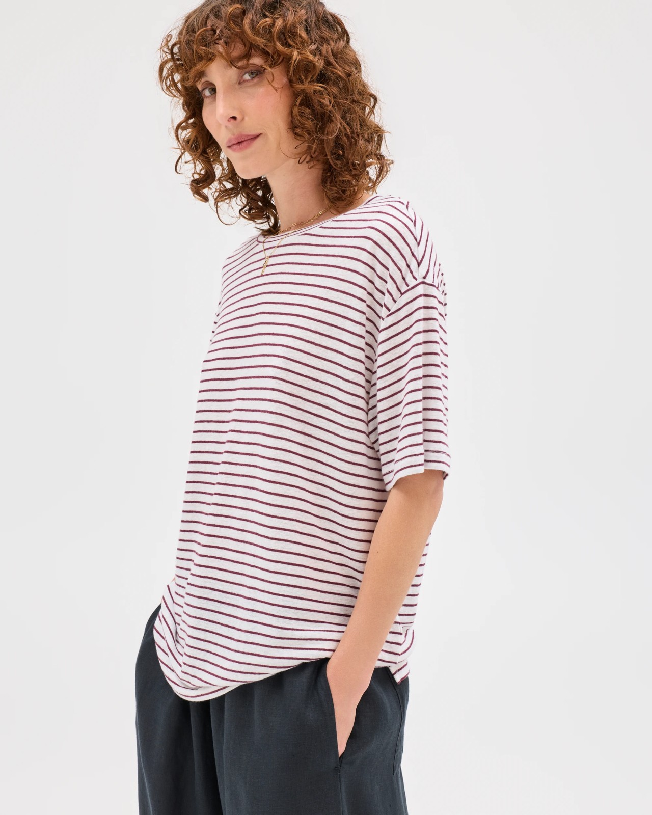 Linen Blend Relaxed T-Shirt - White Merlot Stripe 5 of 5