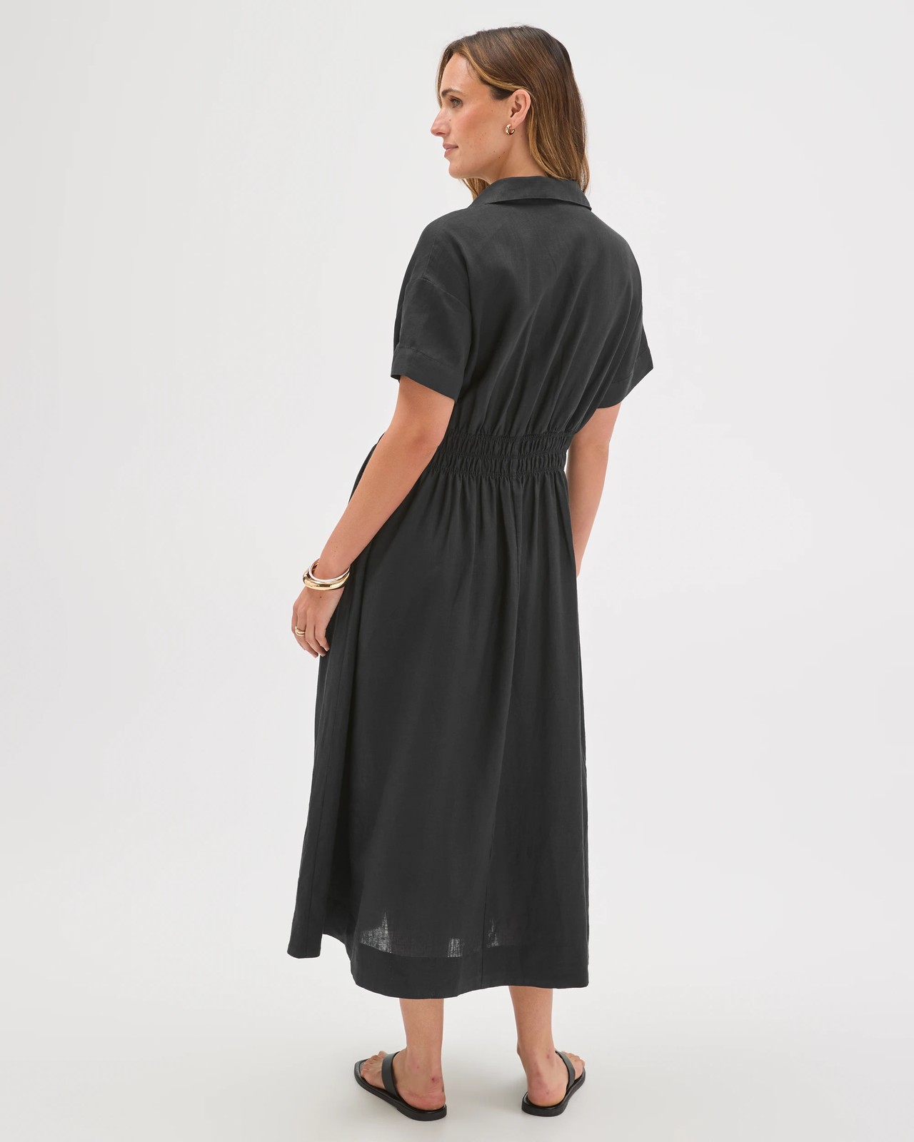 European Linen Shirred Waist Midi Dress - Black 6 of 6