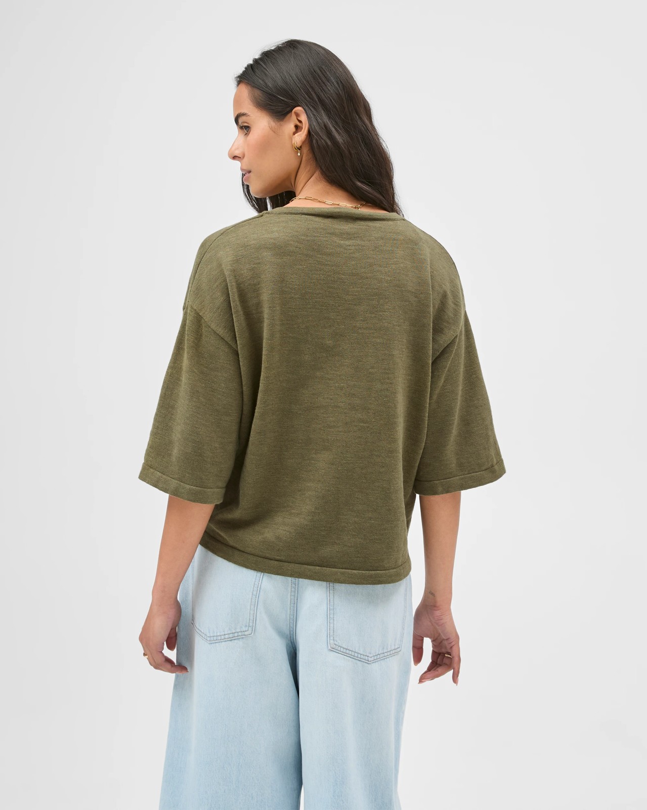 Australian Cotton Blend Boxy V-Neck Knitted T-Shirt - Deep Moss 6 of 6