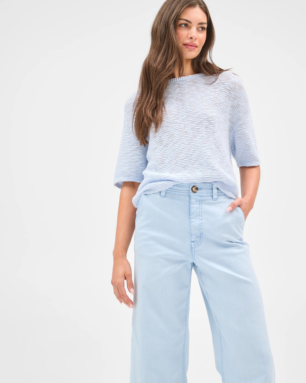 Petites Australian Cotton Blend Stretch Twill Wide Leg Pants - Pale Blue 3 of 6