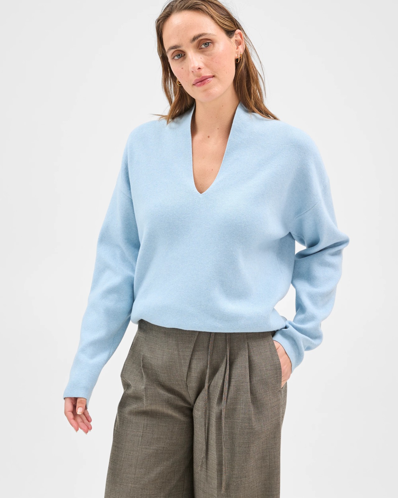 Preview Australian Cotton Blend Long Sleeve Deep V-Neck Jumper - Blue Mist 4 of 6
