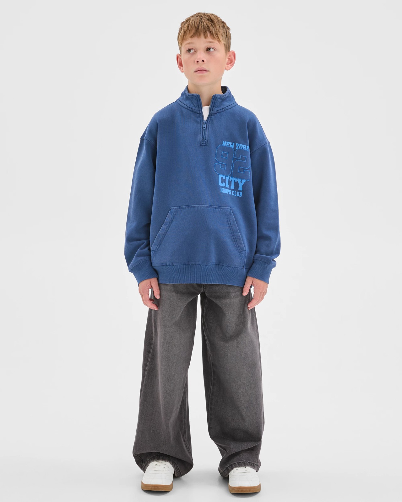Australian Cotton Blend Quarter Zip Washed Jumper - Blue 2 of 6