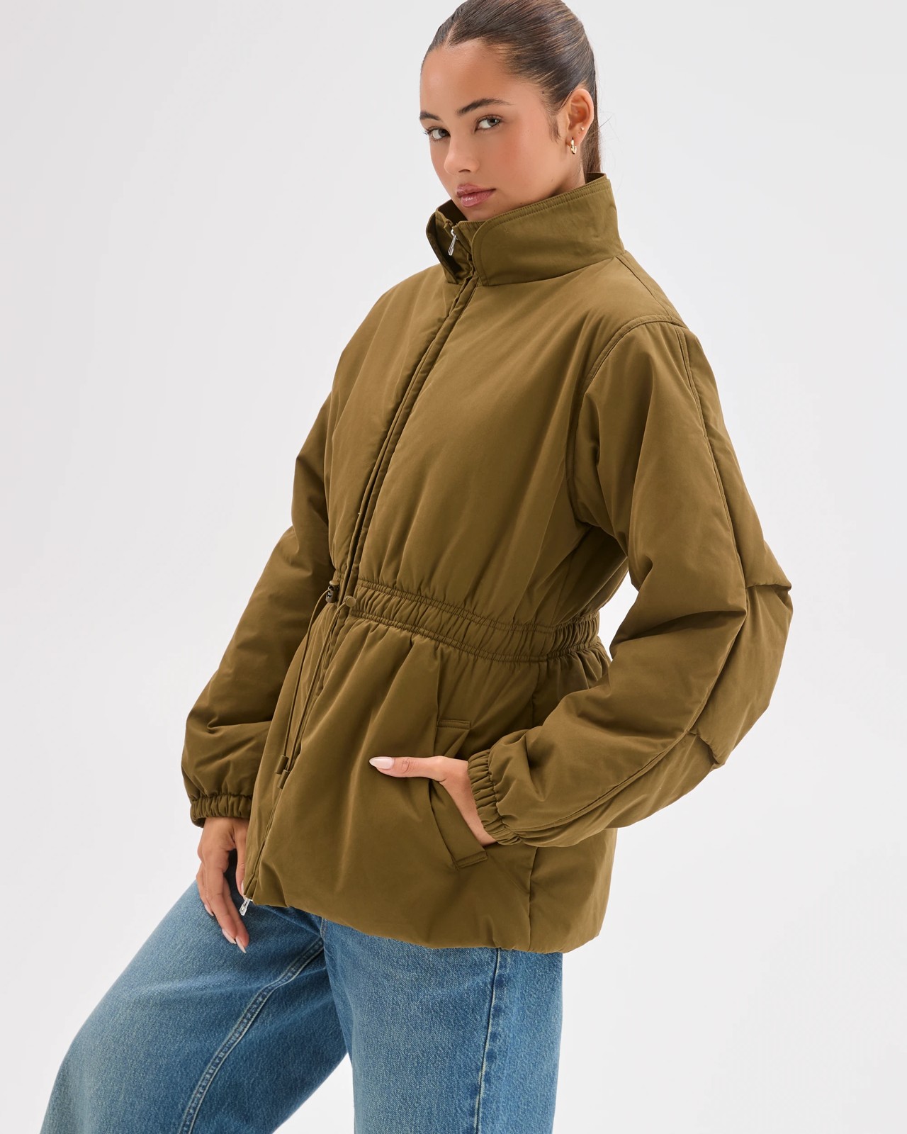 Lily Loves Australian Cotton Blend Cinched Puffer Jacket - Woodland Green 3 of 6