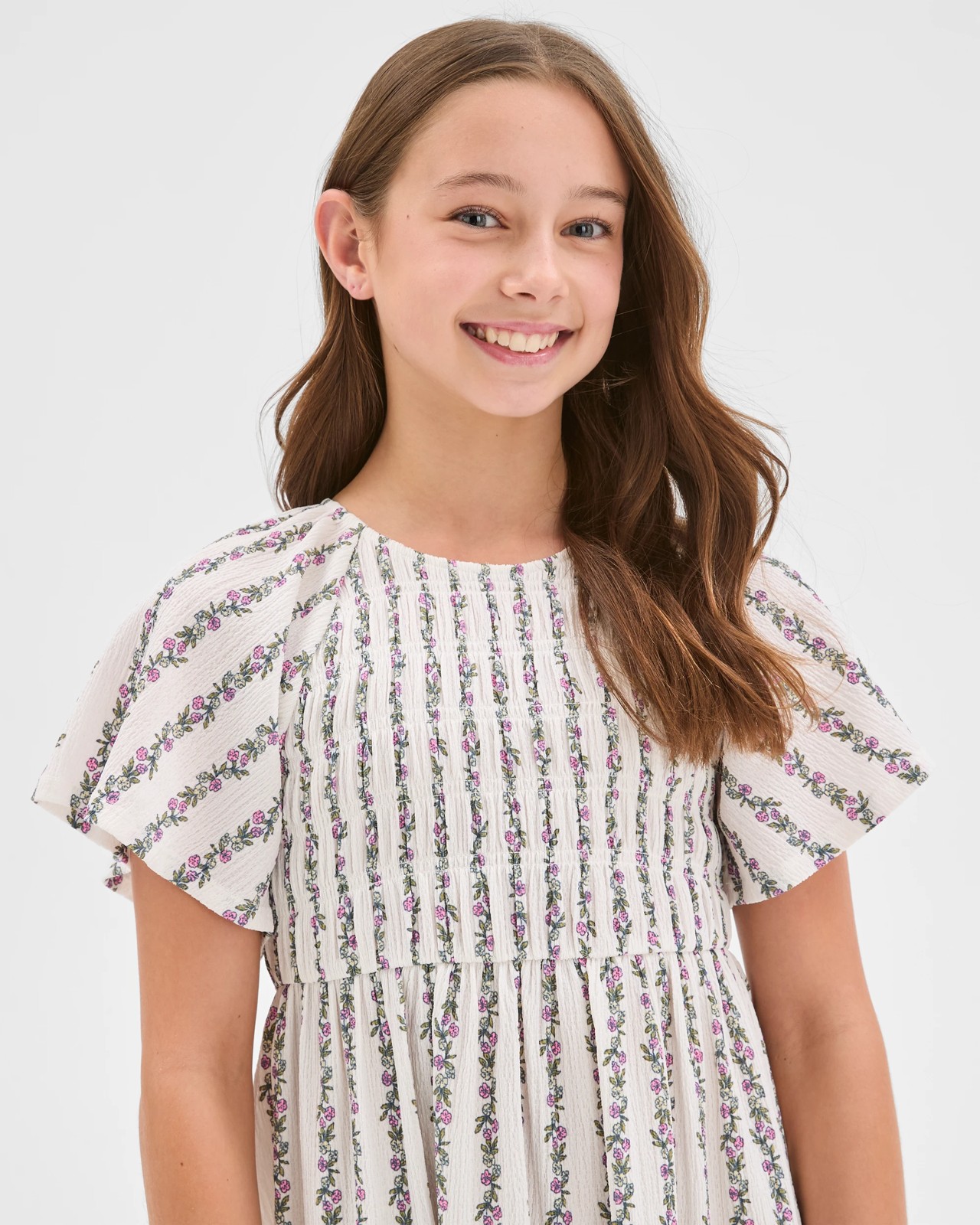 Flutter Sleeve Textured Knit Dress - Floral Stripe Cream 4 of 5